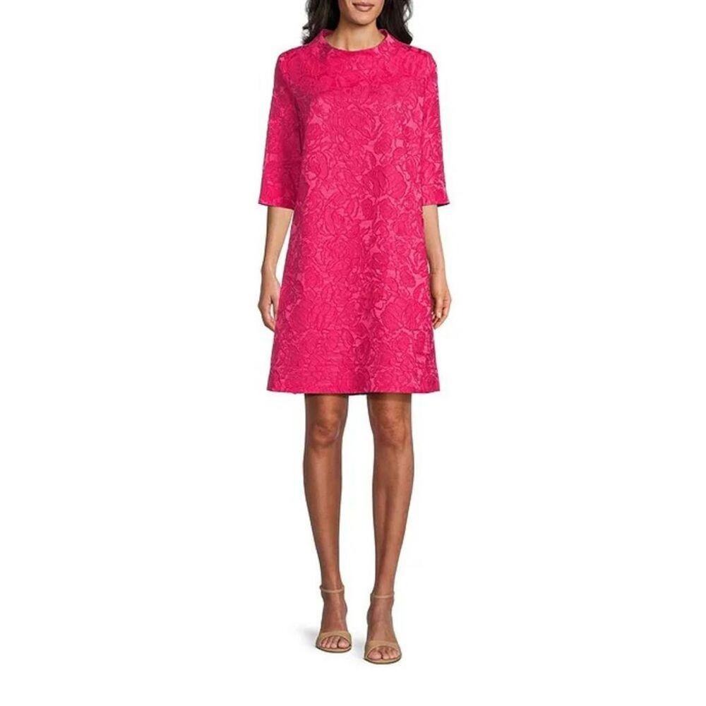 Caroline Rose Floral Cloque' Mock Collar 3/4 Sleeve Pocketed Shift Pink Dress L